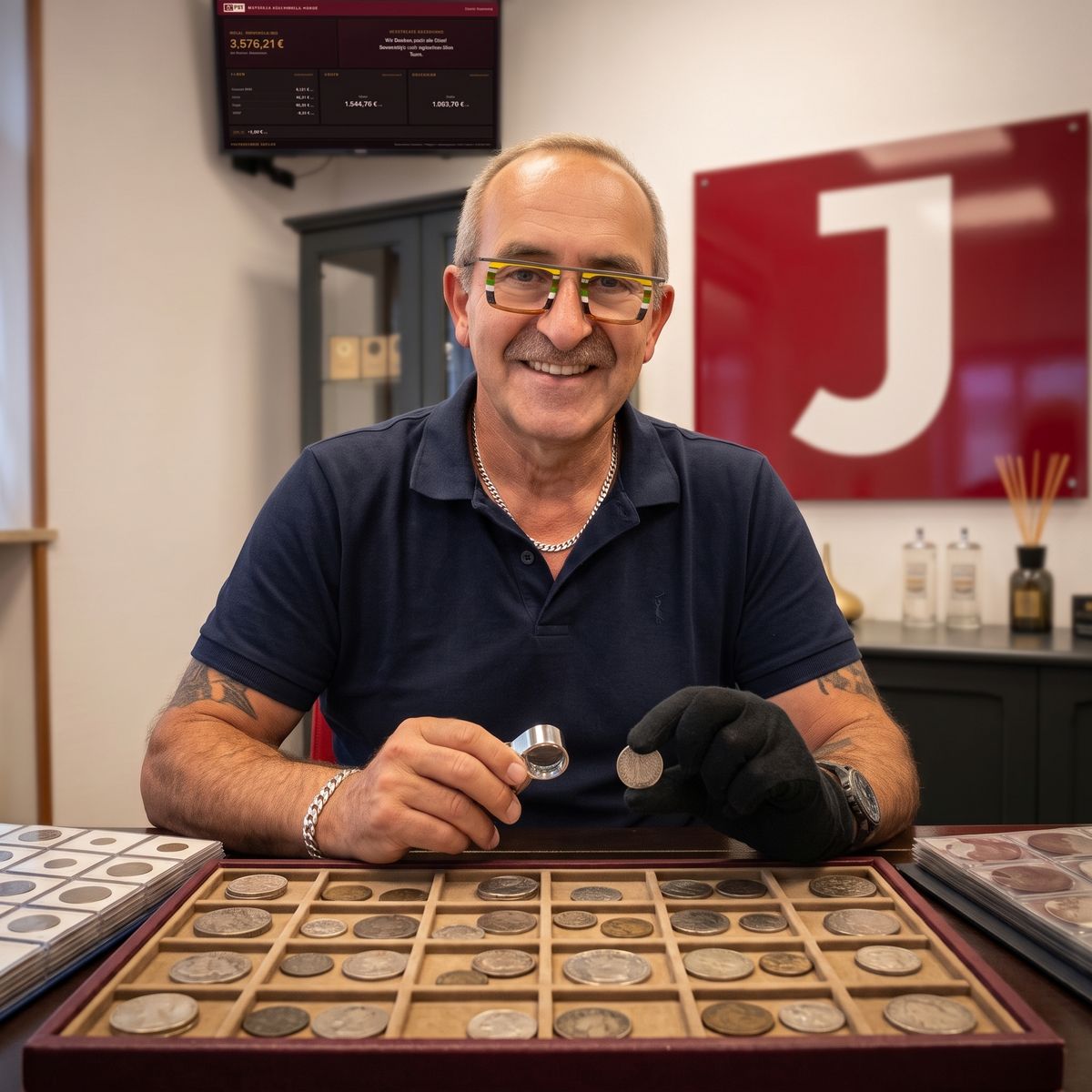 Dirk Bergs mit Münzsammlung und Lupe in der Filiale